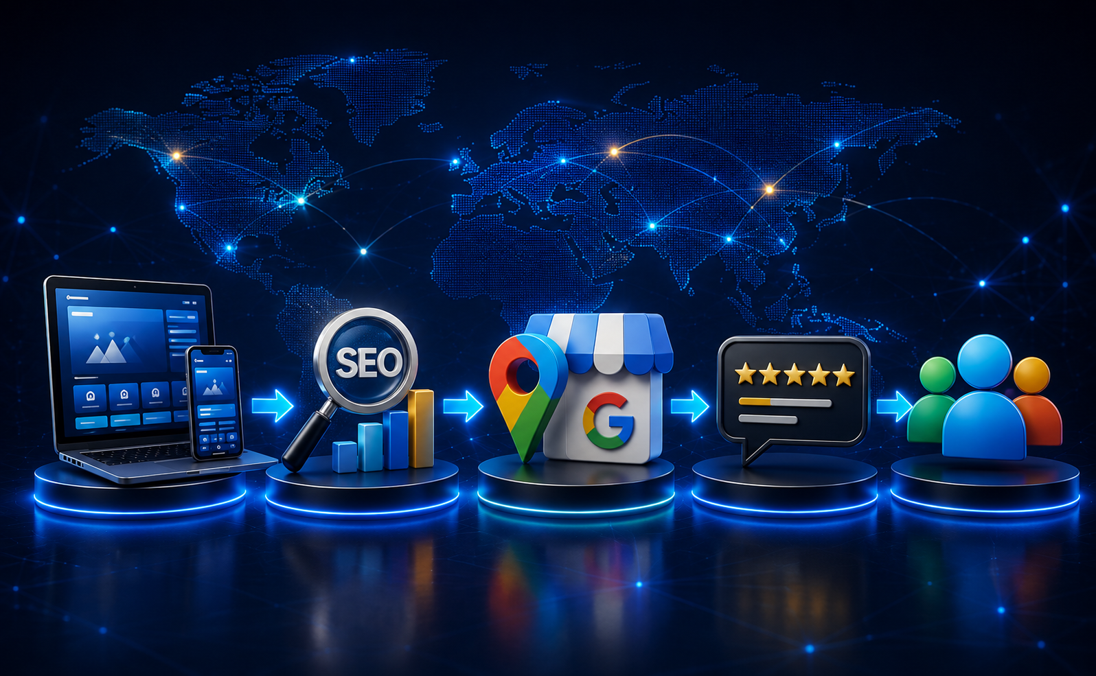 Processo de marketing digital da CONEXUS: website, SEO, Google Business Profile, avaliações e crescimento de clientes