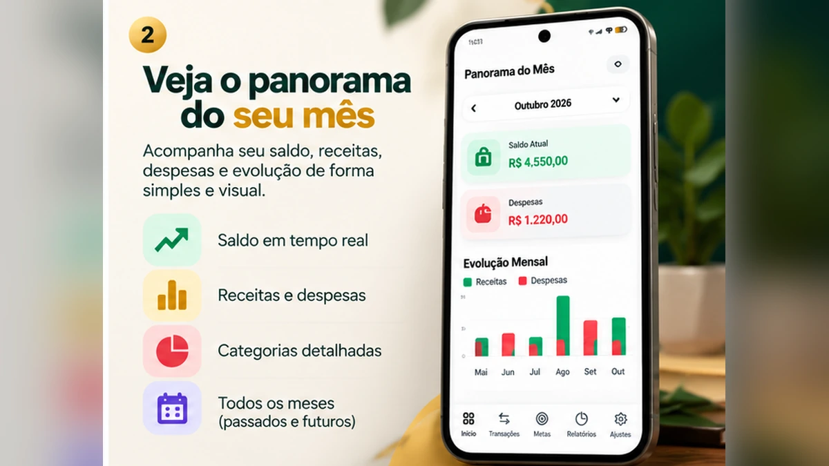 Tela do Panorama Mensal do aplicativo GRANA mostrando clareza de saldo e histórico financeiro