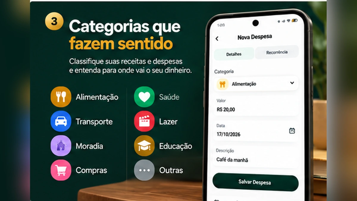 Interface de Lançamentos e Categorias de despesas do aplicativo GRANA