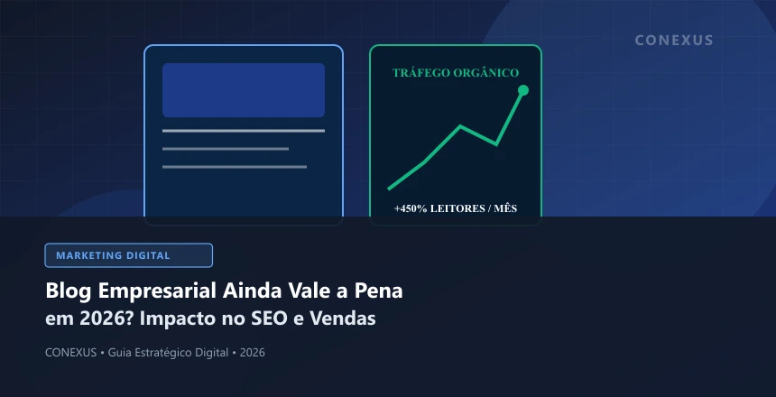 Interface moderna de blog corporativo destacando artigos estratégicos e métricas de engajamento orgânico