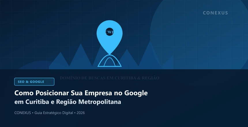Vista urbana moderna de Curitiba com elementos gráficos de posicionamento digital no Google