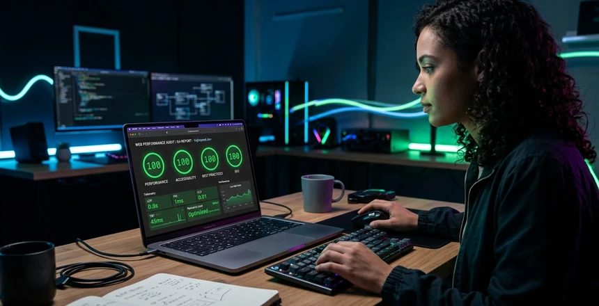 Velocímetro digital demonstrando pontuação máxima de performance e velocidade de carregamento web