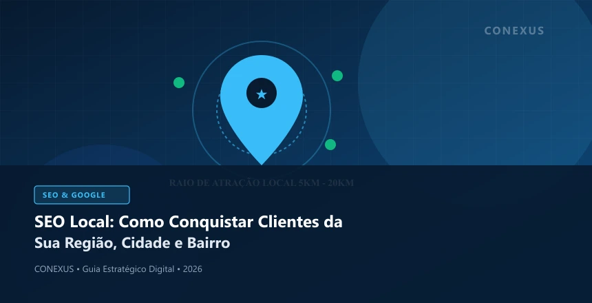 Mapa digital com marcadores de geolocalização e destaque de perfil de empresa em buscas locais