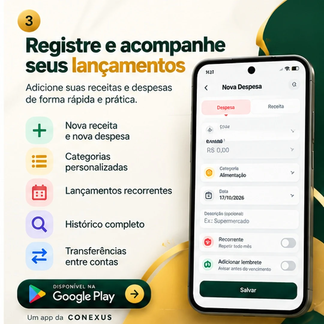 Tela de Registro de Lançamentos do aplicativo GRANA com categorias e valores